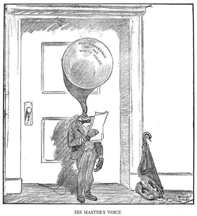 Cartoon by Rollin Kirby in the New York World, February 11, 1926. The "White House spokesman" was a rhetorical device employed by the press corps when referring to a position of the White House. Coolidge never authorized its use and, in fact, detested it, especially as it became an obvious reference to the President himself. It took on a life of its own as portrayed by Kirby in the cartoon above. 