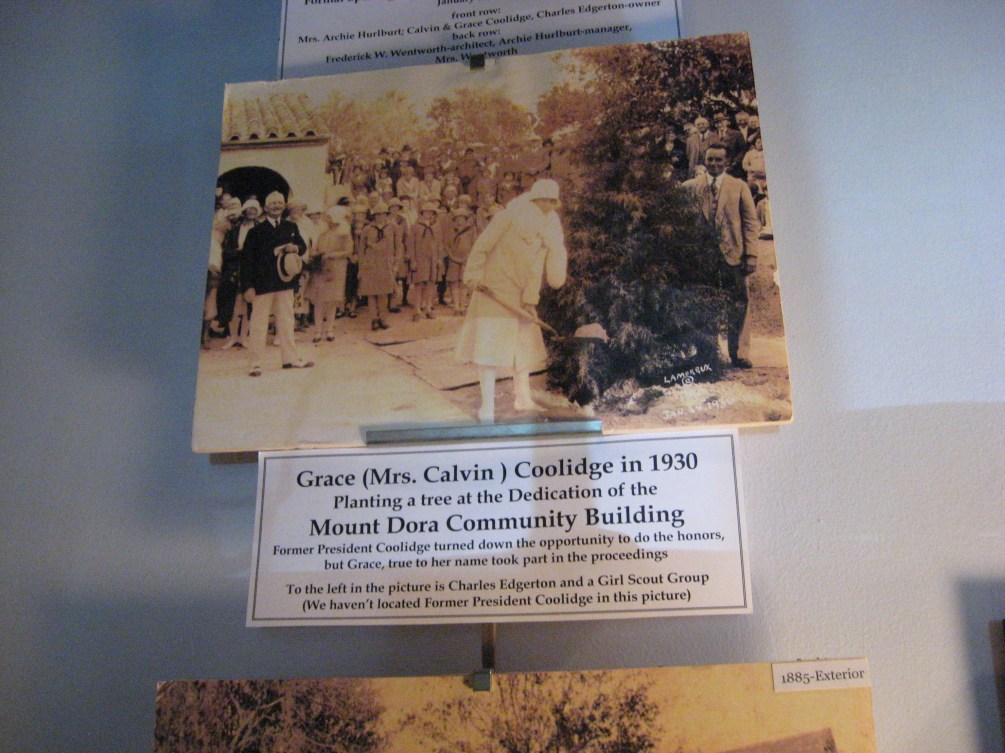 The same day, January 24th, Mrs. Coolidge remained behind in Mount Dora (where they stayed at Lakeside Inn for a month) to plant this cypress for local Garden Club, dedicating the Community Center. 