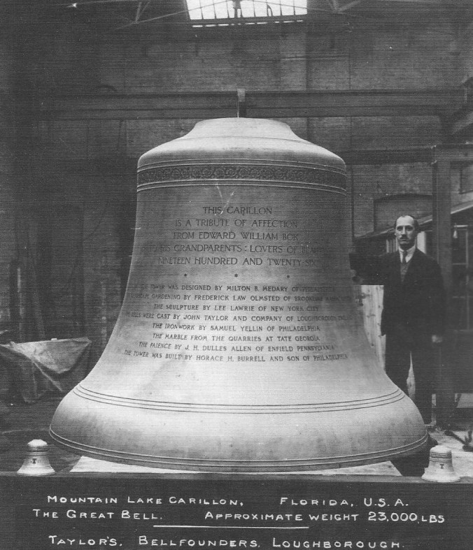 The Great Bell, the largest of sixty bells housed in Bok Tower from a picture taken in 1928 in England, where it was cast to be transported across the Atlantic and over rails to its place as the centerpiece of Bok's musical assembly. 