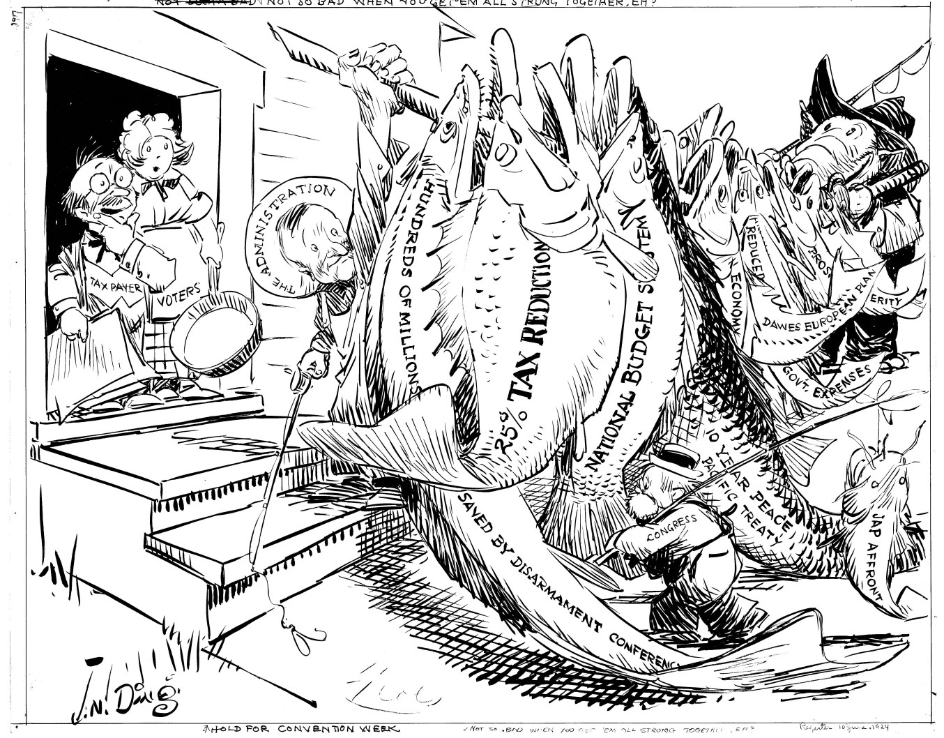 "Not so bad when you get 'em all strung together, eh?" Cartoon in the Des Moines Register by "Ding" Darling, June 10, 1924. 