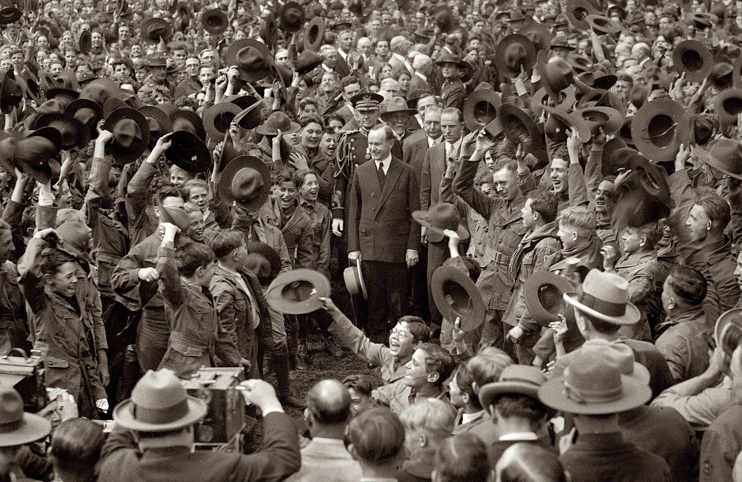 Photographed here during the 16th Annual National Council of Boy Scouts, May 1, 1926 (two years after his telephone message), President Coolidge would present the first Silver Buffalo Awards in recognition of distinguished service in the Scouts, saying, “The more I have studied this movement, its inception, purposes, organization, and principles, the more I have been impressed. Not only is it based on the fundamental rules of right thinking and acting, but it seems to embrace in its code almost every virtue needed in the personal and social life of mankind. It is a wonderful instrument for good. If every boy in the United States could be placed under the wholesome influences of the Scout program, and should live up to the Scout Oath and rules, we would hear fewer pessimistic words as to the future of our nation.”