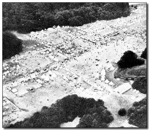 An aerial view of the thousands of Scout organizations from around the world taking part in the Jamboree at Copenhagen. 