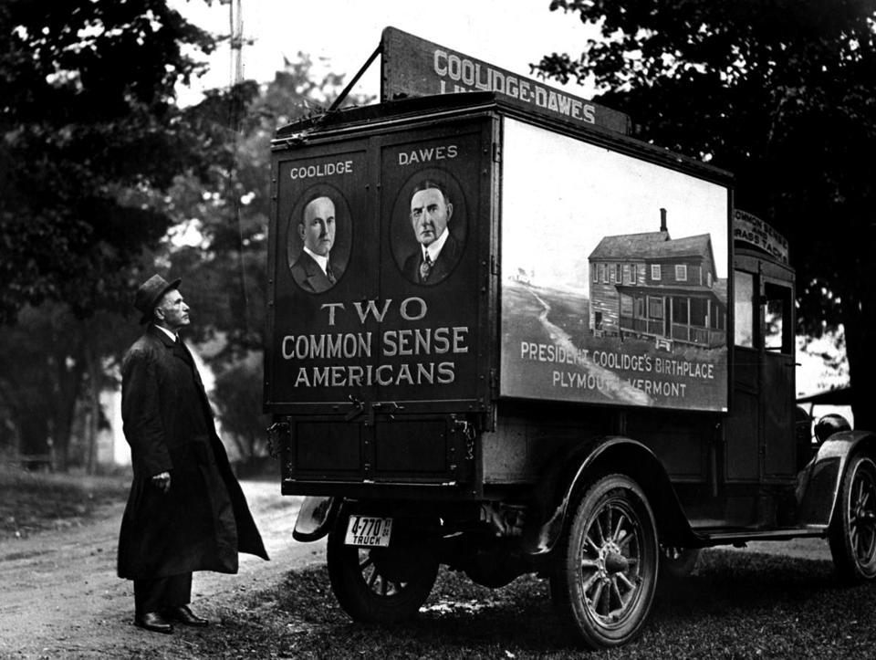 Colonel Coolidge inspects the lead vehicle of the Coolidge-Dawes Lincoln Tour about to depart from Plymouth, September 1924. The driver, John P. Cowan of Pittsburgh, would use this unique means of bringing Coolidge to the country. A thoroughly grassroots movement, the Coolidge-Dawes Lincoln Tour would see 5 million participants in 100,000 automobiles before reaching their final stop on the Pacific. It must have worked since on November 4, Calvin Coolidge decisively beat the combined political support of both his challengers with 15.7 million votes, carrying 35 of 48 states and securing 382 electoral votes out of 266 needed to clinch victory). His 25.2 point margin victory is one of the largest popular votes garnered to this day. 