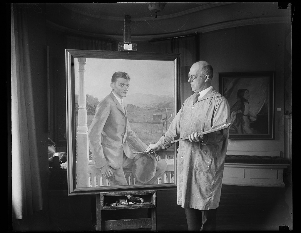 Portrait of Calvin Jr., depicted sitting on the front porch rail at the Coolidge Homestead by Ebin Comins was presented in December of 1927 by Mrs. Coolidge to the Red Cross for display at Walter Reed Hospital, where young Calvin spent his last week, Washington, D. C. 