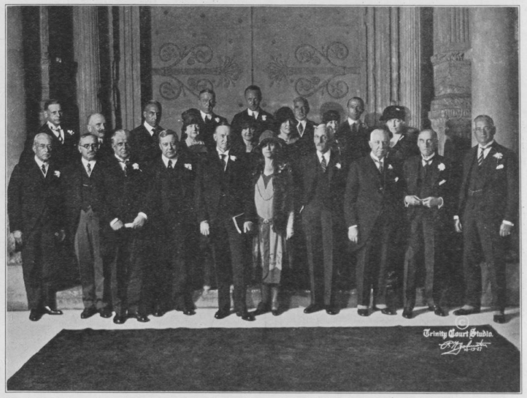 President and Mrs. Coolidge at the opening day of the Carnegie International Exhibition, Pittsburgh's Music Hall, October 13, 1927. First Row: George Cretziano, Paul Claudel, James J. Davis, Daniel Winters, Mr. and Mrs. Coolidge, Andrew W. Mellon, Richard B. Mellon, Samuel Harden Church, Charles H. Kline. Second Row: Edgar Prochnik, J. H. van Royen, Rev. Dr. John Ray Ewers, Mrs. Richard B. Mellon, David A. Reed, Madame Prochnik, Robert Silvercruys, Mrs. Davis, Otto H. Kahn, Mlle. Cretziano, Count Marchetti, and Mrs. Church.