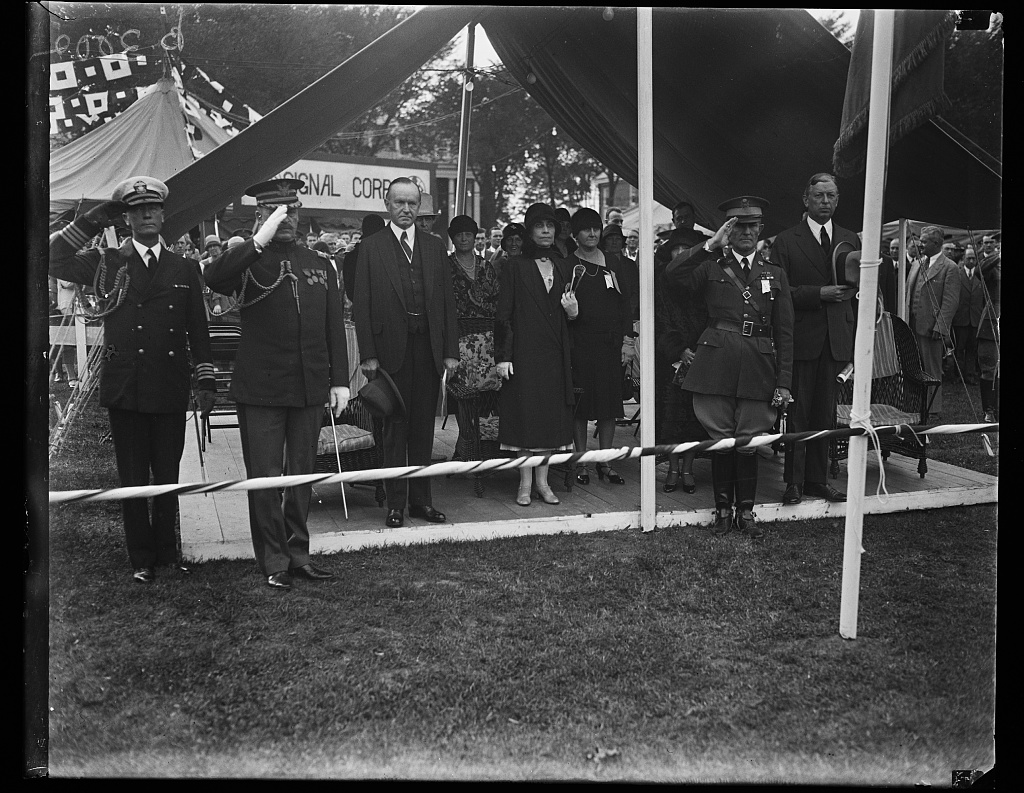 The Coolidges at a public ceremony, 1928. 